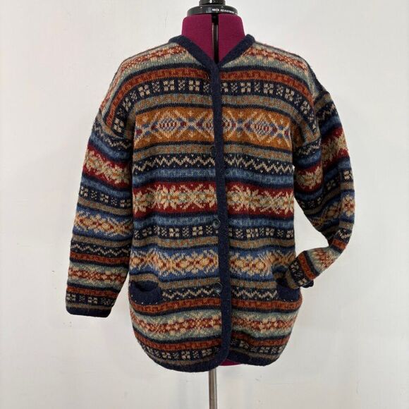 SAGA Vintage 90s Streetwear Womens Fair Isle Knit Cardigan Sweater sz L - Picture 1 of 10